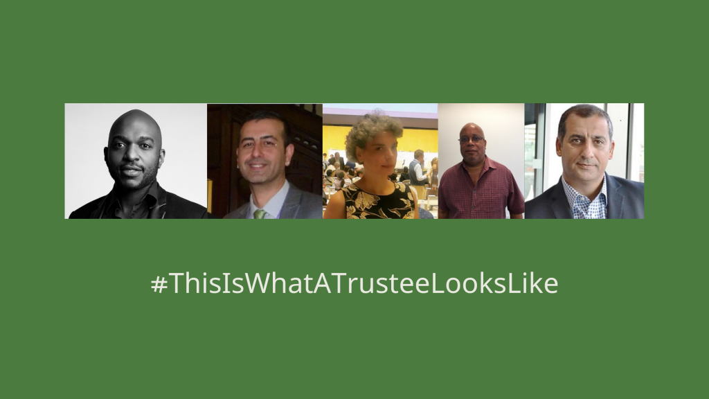 A forest green background with five photos of men and a woman in a line. The title reads: #ThisIsWhatATrusteeLooksLike