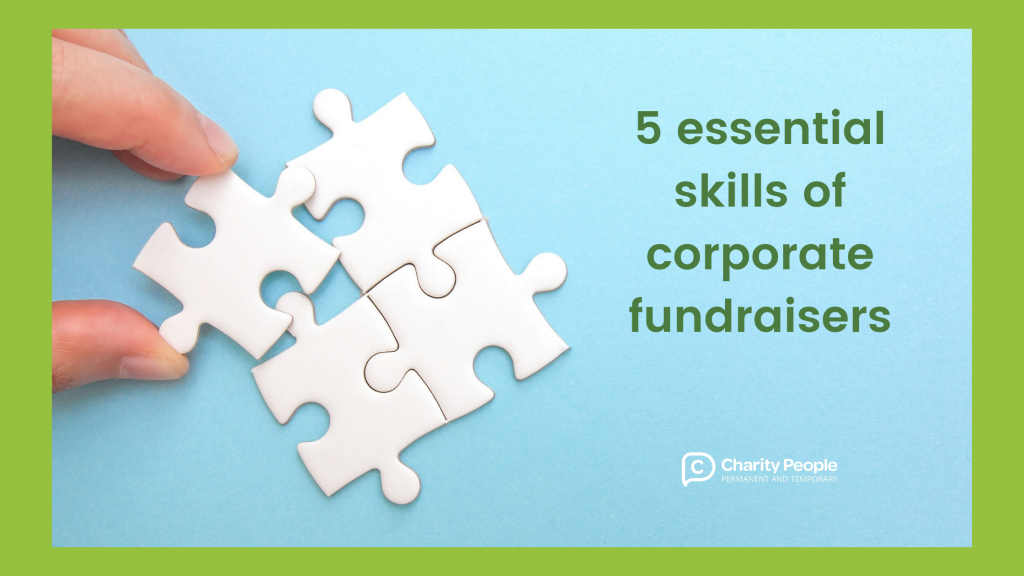 A four-piece jigsaw being put together. Text: 5 essential skills of corporate fundraisers