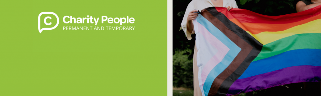 Left half is the Charity People logo on a bright green background. Right half is the inclusive LGBT+ rainbow flag, held up with only hands visible.